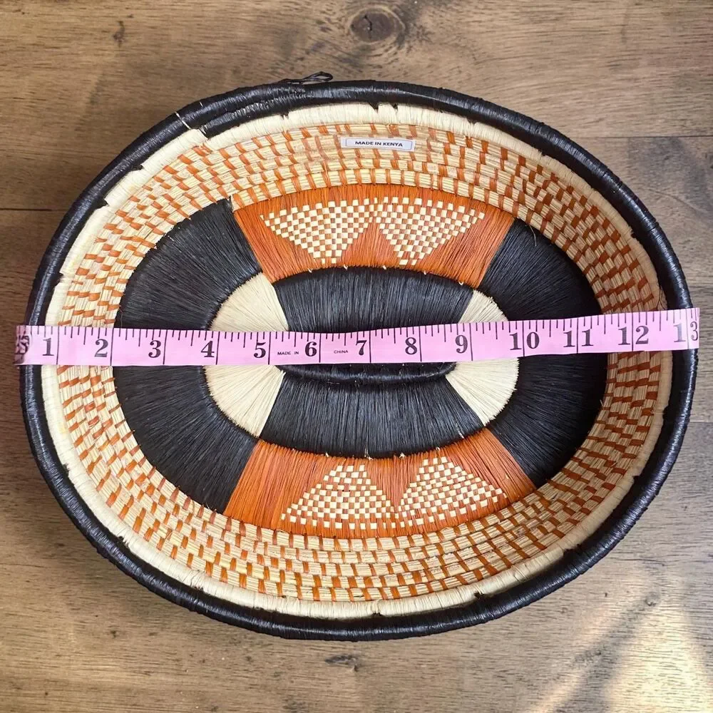 Handmade Kenyan Woven Sisal Basket 11x13 Oval Geometric Boho Bread Bowl Wall Art